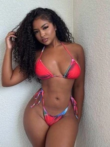 Alexandranx 女士夏季海滩扎染吊带性感比基尼两件套泳衣套装 - 紅色 - 查看 5