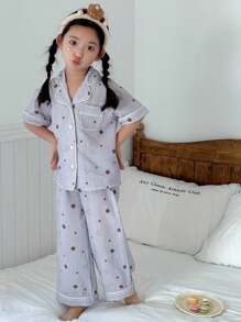 Dazy Kids Young Girl Cartoon Bear Short Sleeve Button-Up Top And Pants Pajama Set - Multicolor - View 4