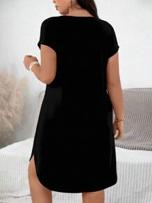 EMERY ROSE Curve-Friendly Multicolor Knitted Short Dress With Round Neck And Casual Style Plus Size T Shirt Dress Black Summer Dress Women,Teacher Outfits For Women Chic Dress,Spring/Vacation - Multicolor - View 2