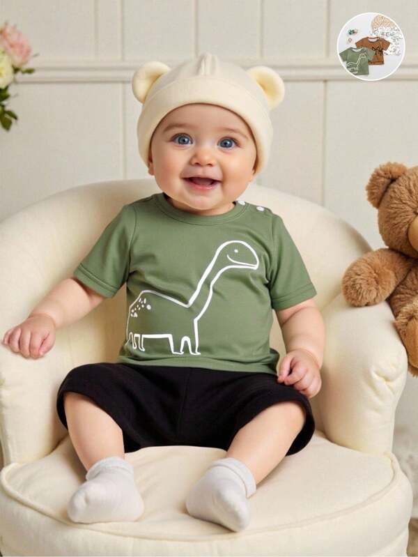 SHEIN 3 Stücke Neugeborenen Baby Jungen Set mit Dinosaurier Muster Gestricktem Kurzarm T-Shirt, geeignet für drinnen & Outdoor, Frühling/Sommer, 0-9 Monate