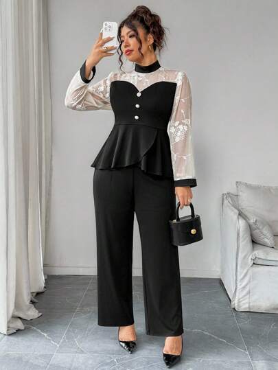 Elenzga 加大码 3D 刺绣拼布针织高领 V 型灯笼袖交叉系带腰部 A 字型 T 恤和紧身裤套装，休闲通勤、郊游和派对两件套女士优雅衬衫和裤子套装 2 件套女士优雅黑色裤子套装女士上衣女士优雅秋季服装