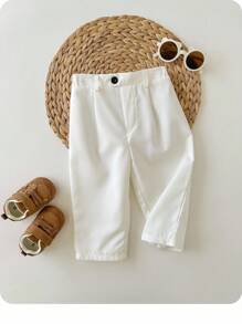 SHEIN 男婴休闲弹力腰白色正装裤，适合生日派对、晚宴、演出、婚礼、迎婴派对和一周岁生日庆祝活动。