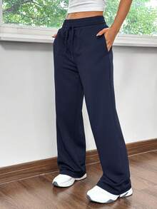 SHEIN EZwear 海军蓝直筒宽松休闲运动裤，适合居家和运动 - 藏蓝色 - 查看 5