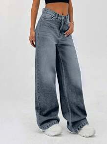 EURMUSE 100% Cotton HIGH RISE WIDELEG FIT VINTAGE WASH WOMEN BAGGY JEANS - Light Wash - View 4