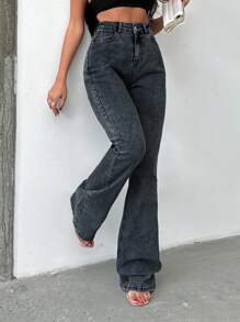 SHEIN Tall HIGH RISE FLARED LONG BLACK JEAN TALL - Dark Grey - View 4