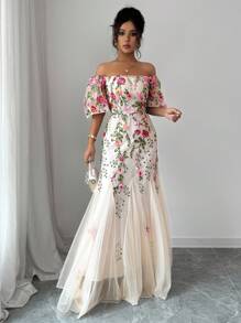 Elenzga Women Elegant Mesh Floral Print Fitted A-Line Maxi Dress Floral Formal Dress Embroidered Formal Dress Off Shoulder Formal Dress Garden Wedding Guest Dress - Multicolor - View 5