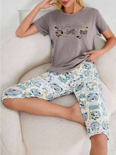 EURMUSE 100% bawełna 2 sztuki bawełny słodkie zwierzęta nadrukowane koszula i zwierzęta nadrukowane Capri Homewear PJ Set