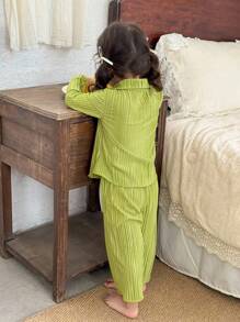 LMoss Kids 2 pièces Ensemble de chemise casual plissée en tissu unicolore et pantalon casual ample pour bébé fille - Vert - Voir 2