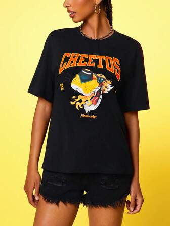 Cheetos X SHEIN Women's Letter & Cartoon Pattern Black Crew Neck Short Sleeve T-Shirt