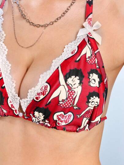 Betty Boop | ROMWE Conjunto de dos piezas con sostén triangular tipo halter con gráfico de figura de dibujos animados y minifalda de cintura alta con fruncido y corte bajo de estilo Y2K sexy