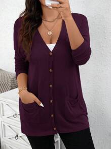SHEIN LUNE Plus Size Women's Solid Color Fall Sweater Cardigan With Pockets Holiday Plus Size Cardigan,Fall Clothes For Women Autumn - Maroon - View 3