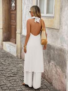 Brillora 女士夏季优雅纯色不对称下摆露背上衣和裤子两件套 - 白色 - 查看 2