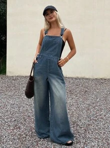 DAZY 女式夏季宽松休闲牛仔背带裤 - 藍色 - 查看 1