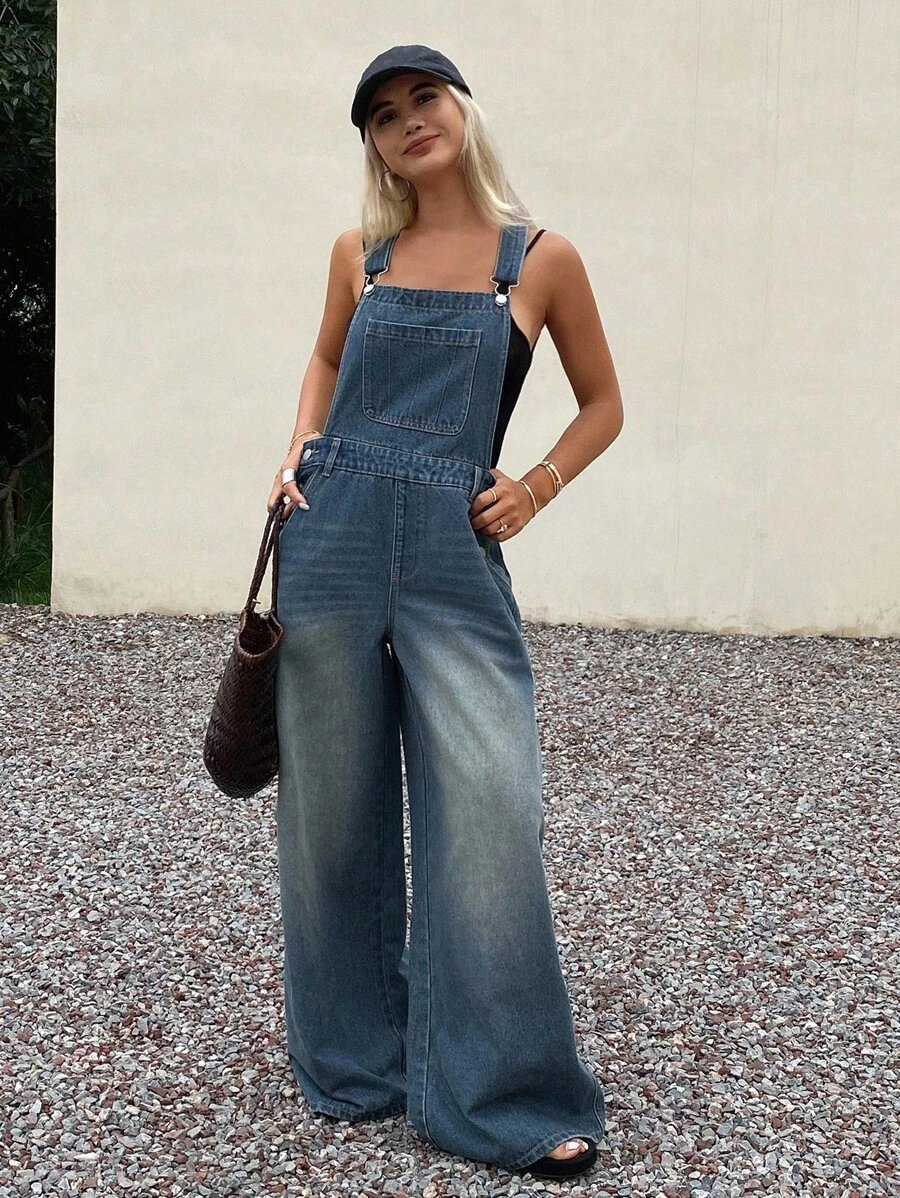 DAZY 女式夏季宽松休闲牛仔背带裤 - 藍色 - 查看 1