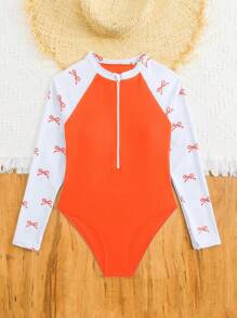 SHEIN Tween Girl Bowknot Print Contrast Color Raglan Long Sleeve One-Piece Swimsuit - Orange - View 5