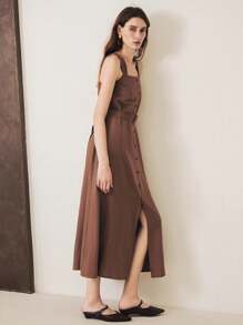 Uhlyne 优雅女士秋季亚麻长裙，配有可拆卸腰带，时尚办公室和度假装，棕色 - 棕色 - 查看 7