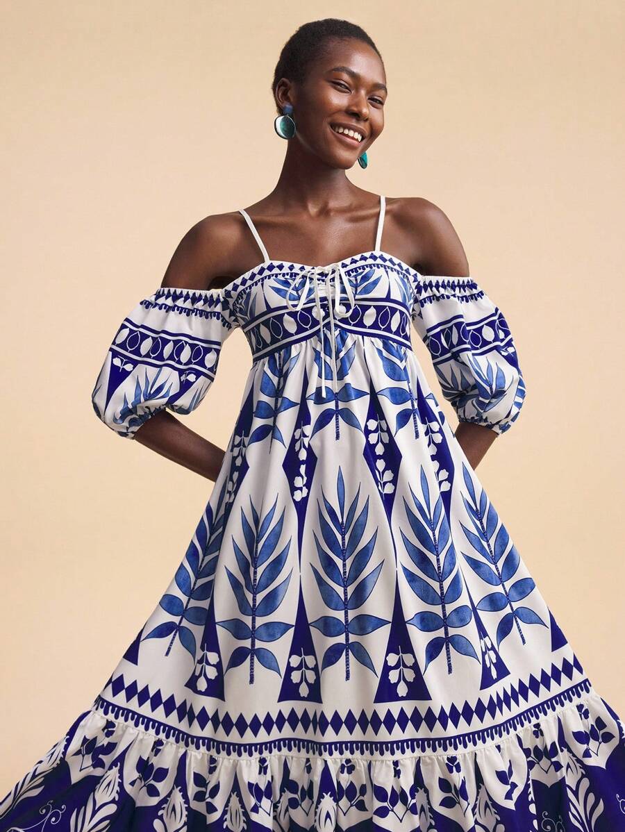 Travachic Vestido de manga larga con estampado de plantas tropicales, hombros descubiertos y mangas altas para mujeres, adecuado para vacaciones - Azul - Ver 1