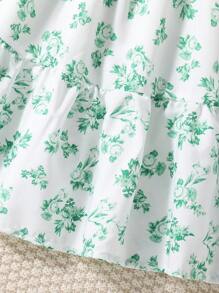 少女花卉印花泡泡袖束腰迷你连衣裙，度假风格 - 綠色 - 查看 4