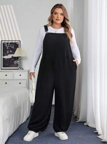 SHEIN CURVE+ Curves Plus Size/Chool Clothes/Back To School Clothes /Back To SchoolPlus Size Women Black Knitted Elastic Fuzzy Ribbed Bib Pants, Suitable For Autumn/Winter Plus Size Jumpsuit 8xl Women Clothes Curvy Jumpsuit Plus Size Overalls 2 Pieces Sets Curvyfall Clothes For Women,Winter,CURVE PLUS