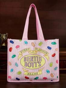 HARRY POTTER X SHEIN 1个神奇的比比怪味豆图案帆布手提袋，超大容量，适合通勤、购物、休闲、旅行，也适合女性、学生、圣诞节等场合，是绝佳的圣诞礼物之选，也是理想的送礼佳品。 - 粉色 - 查看 2