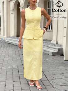 Siren Gaze 女教师商务休闲装，奶油黄色夏季女教师商务休闲装，返校季女装，复古风女式休闲套装，优雅纯色圆领修身背心、裤子和裙子套装。 - 黃色 - 查看 5