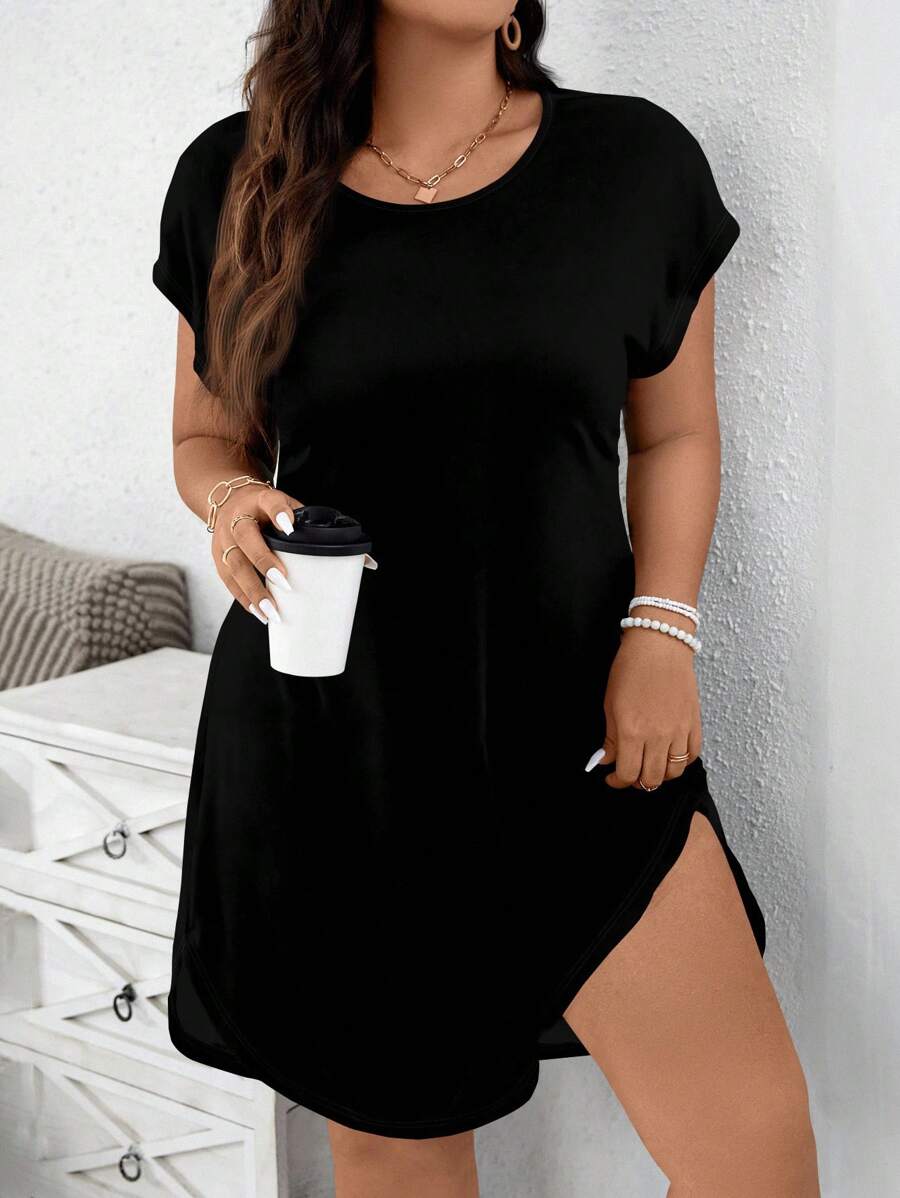 EMERY ROSE Curve-Friendly Multicolor Knitted Short Dress With Round Neck And Casual Style Plus Size T Shirt Dress Black Summer Dress Women,Teacher Outfits For Women Chic Dress,Spring/Vacation - Multicolor - View 1