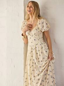 Aralina 女士秋冬休闲度假风印花甜心领泡泡袖修身连衣裙，适合乡村音乐会、教师节、毕业典礼等场合。 - 彩色 - 查看 3