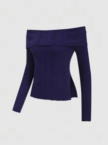 Sweetra Solid Off Shoulder Ribbed Knit Sweater,Long Sleeve Tops Knit Pullover Fall Winter Outfit