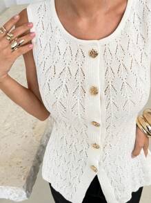 SHEIN Lavishia 女士镂空修身开衫，适合夏秋季 - 米色 - 查看 6