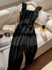 Franclia 女式春夏方领荷叶边盖袖收腰高腰系带蝴蝶结连体裤，修身 - 黑色 - 查看 1