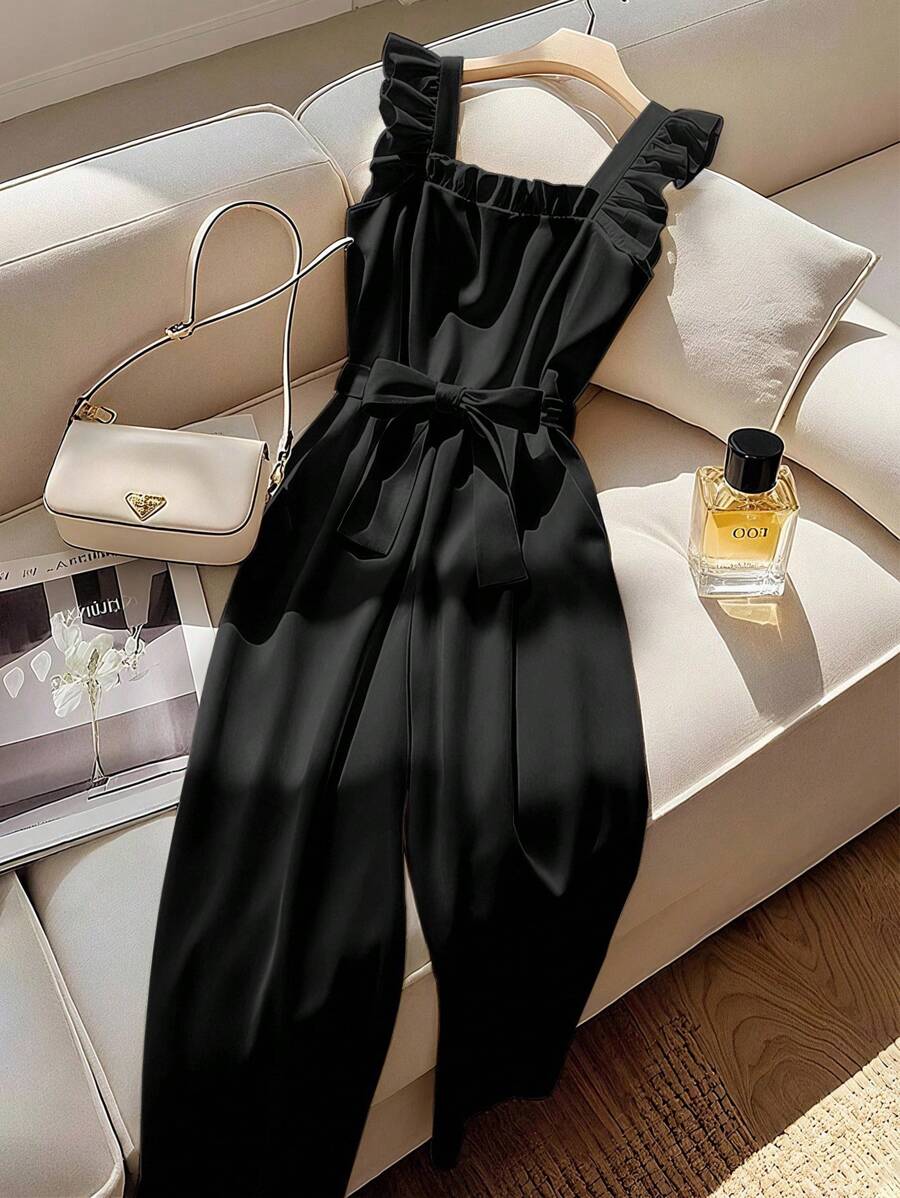 Franclia 女式春夏方领荷叶边盖袖收腰高腰系带蝴蝶结连体裤，修身 - 黑色 - 查看 1