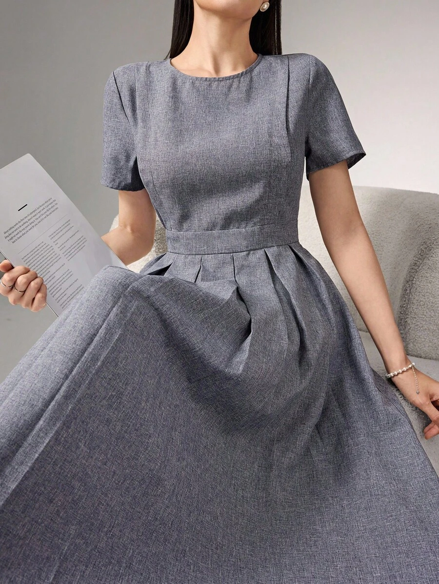 Heiryn 女式简约纯色褶边下摆收腰休闲连衣裙，夏季，不带腰带