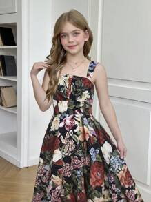 SHEIN Váy không tay in hoa ngẫu nhiên cho bé gái tuổi teen, phù hợp cho mùa hè/bãi biển - màu đen - Xem 6