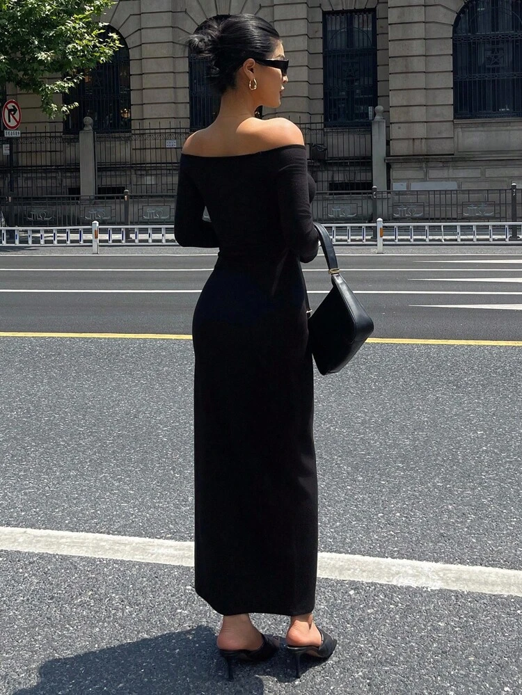 Women V-Neck Long Sleeve Waist-Cinched Mid-Length Dress,Fall Dress Off Shoulder Top Maxi Dress
