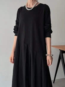 FRIFUL 女式黑色纯色拼布面料褶皱长裙长袖连衣裙、办公室连衣裙、商务休闲连衣裙 - 黑色 - 查看 7