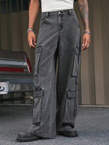 AXEPEAK 男士休闲街头水洗多口袋宽松牛仔工装裤 - 深灰色 - 查看 4