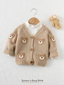 Cozy Pixies 新生女婴宽松休闲简约舒适圆领小熊图案开衫