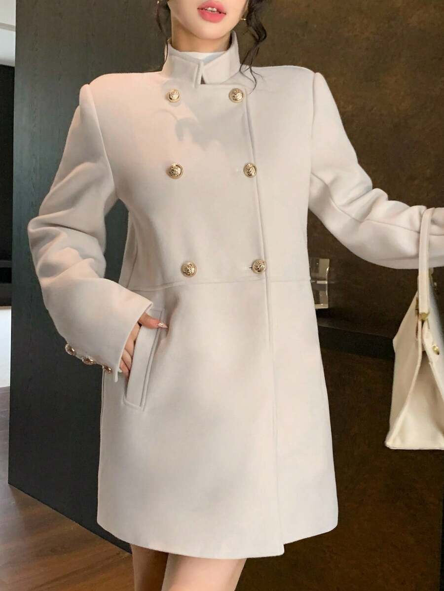 DAZY Women's Autumn/Winter Stand Collar Mid-Length Overcoat Jacket - Apricot - View 1
