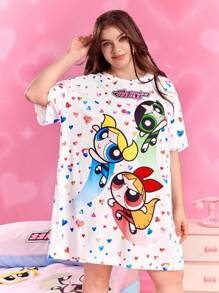 THE POWERPUFF GIRLS X SHEIN 大码女装夏秋Y2K清新修身可爱梦幻复古休闲度假风返校服学院风卡哇伊街头风宽松白色花朵、泡泡、毛茛图案爱心印花圆领短袖睡裙，哞哞睡衣 - 白色 - 查看 5