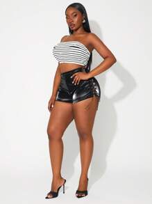 SHEIN SXY Plus Size Women Black & White Striped Crop Top With Metal Buckle Decor, Knit - Black and White - View 6