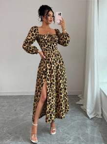 Selianne 女士豹纹方领短袖连衣裙，春夏 - 彩色 - 查看 1