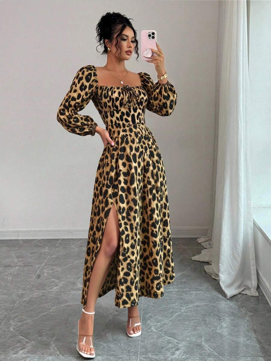 Selianne 女士豹纹方领短袖连衣裙，春夏 - 彩色 - 查看 1