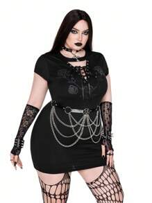 Whyspr Đầm ôm sát in hoa hồng phong cách Punk - màu đen - Xem 2