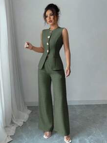 SHEIN PETITE 2pcs Women's French Elegant Metal Flower Clasp Commuter Casual Suit - Army Green - View 5