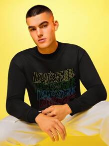 Lay's X SHEIN Men's Letter Pattern Black Crew Neck Long Sleeve Sweatshirt - Black - View 5