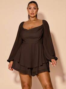 SHEIN BAE 大码女式垂坠领长袖连体衣，休闲日常/节日/派对装，黑色纯色，A 字廓形，缎面面料，性感甜美 - 咖啡棕 - 查看 4