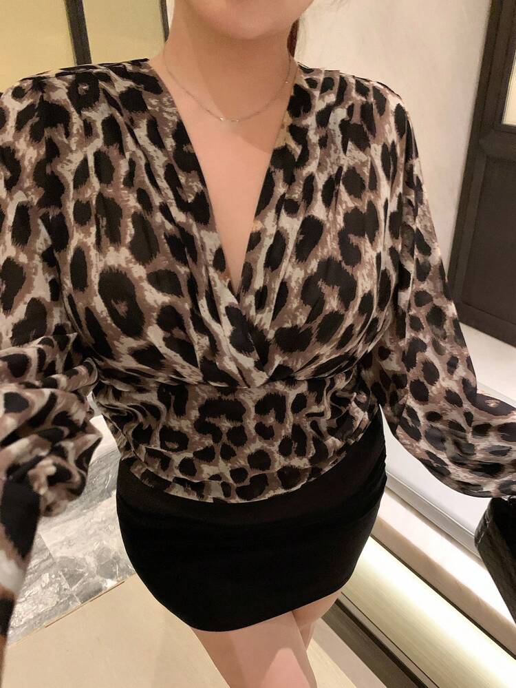 Dazy Plus Plus Size V-Neck Chiffon Leopard Print Wrap Around Flared Sleeve Cropped Long Sleeve Shirt