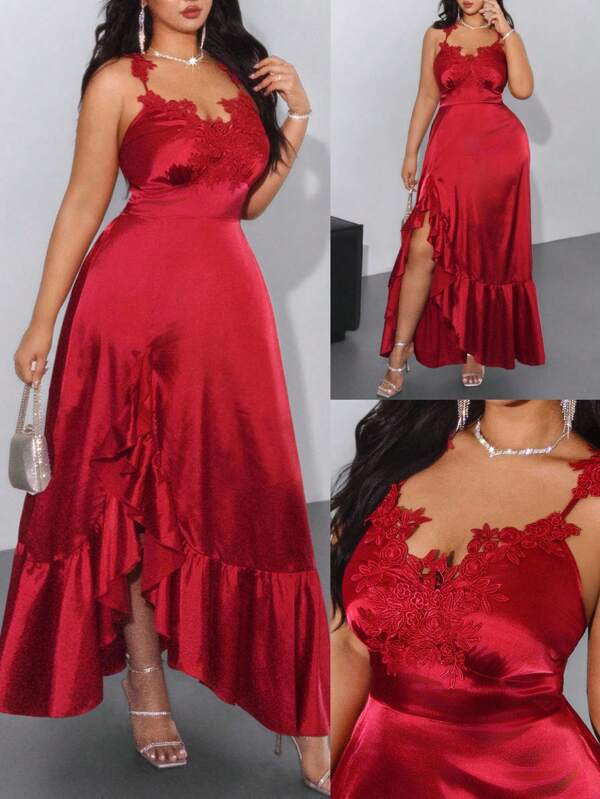 Viva Relle Plus Size Women V-Neck Satin Embroidered Burgundy Fishtail Ruffle Hem Elegant Vintage Party Long Dress