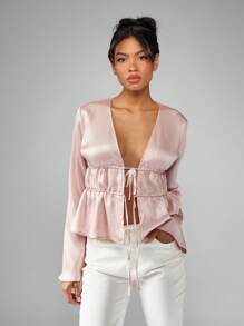MISSGUIDED Empire Waist Blouse Ruffled Long Bell Sleeve V Neck Ruched Front Party Evening Holiday Elegant Dressy Spring Summer Light Fashion Top - Pink - View 6