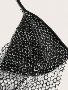 SHEIN ICON Sexy Sequin Mesh Cross Back Halter Crop Y2K Glitter Black Sexy Top Party Club Night Out Summer - Black - View 4